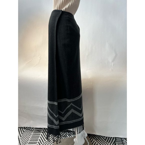 Nine & Co Womens Wrap Skirt Black Gray Chevron Long Maxi Fringe Wool Blend 10 - Picture 7 of 12